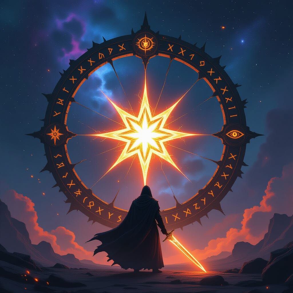 Mysterious Figure Beneath Shattered Celestial Sigil