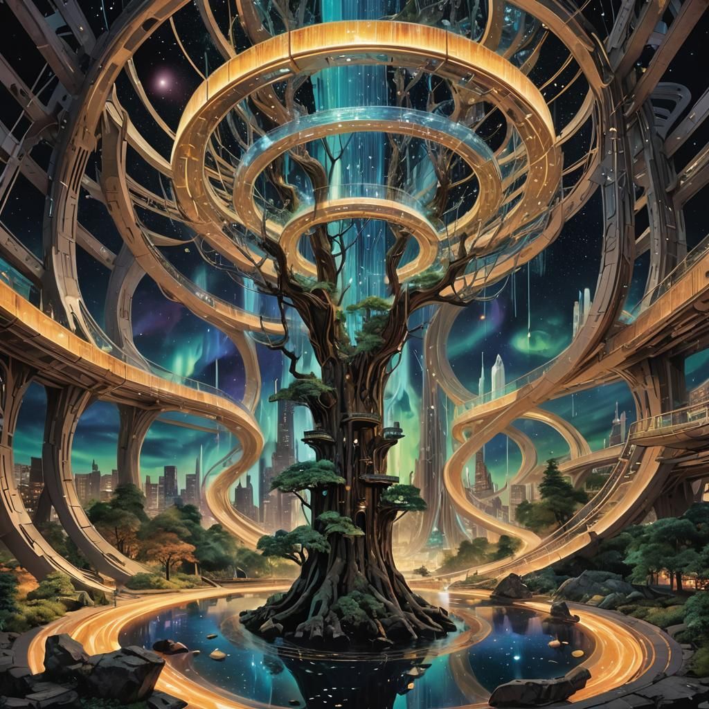 Cosmic Tree of Memory in Futuristic Cityscape