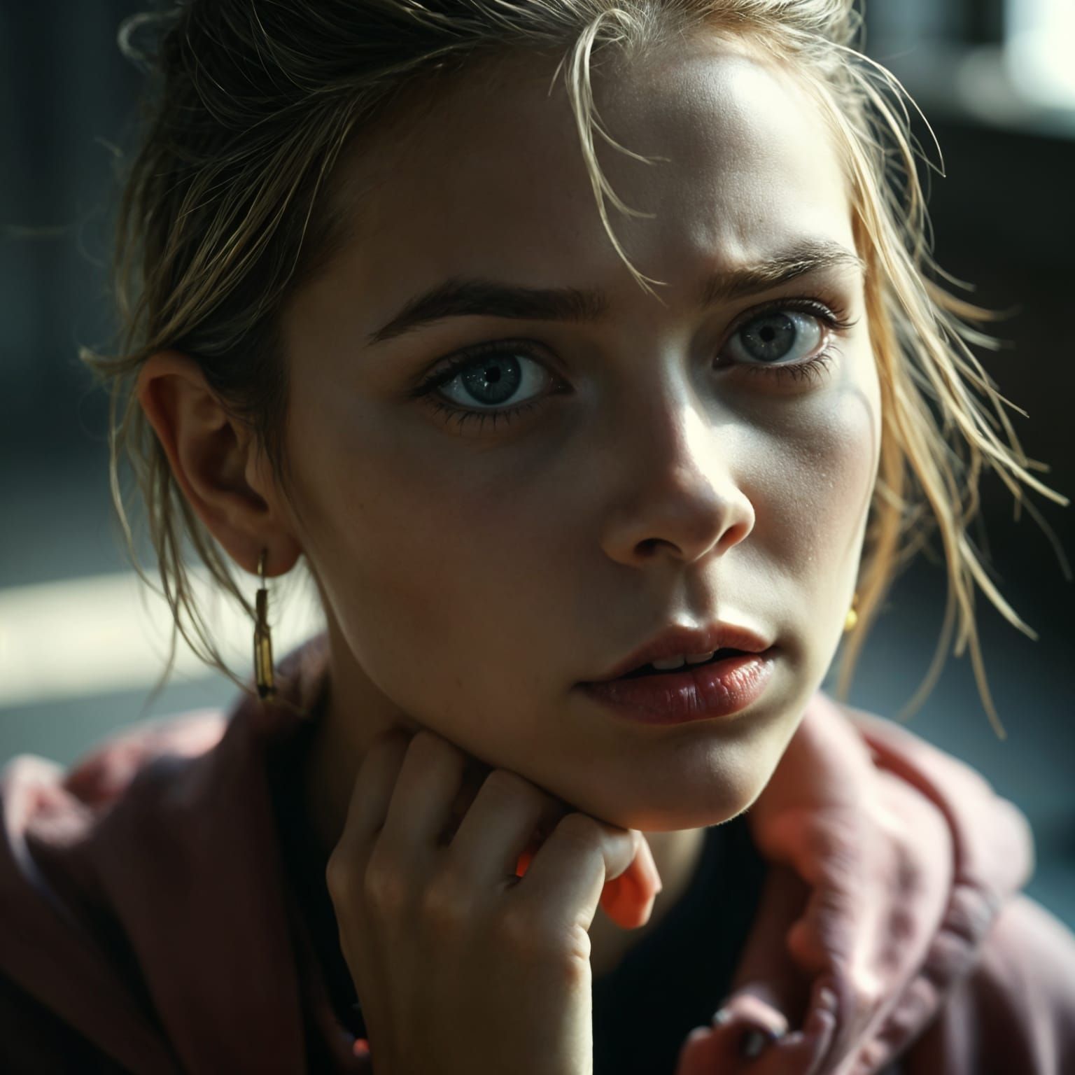 Young Woman Ponders in Dark Dystopian Scene