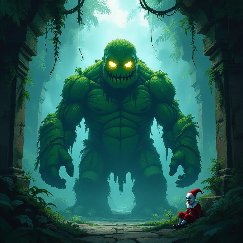 Mossy Jelly Golem Guards Ancient Temple with Glowing Eyes