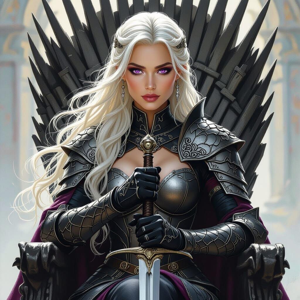 Targaryen Woman on Iron Throne in Epic Fantasy Style