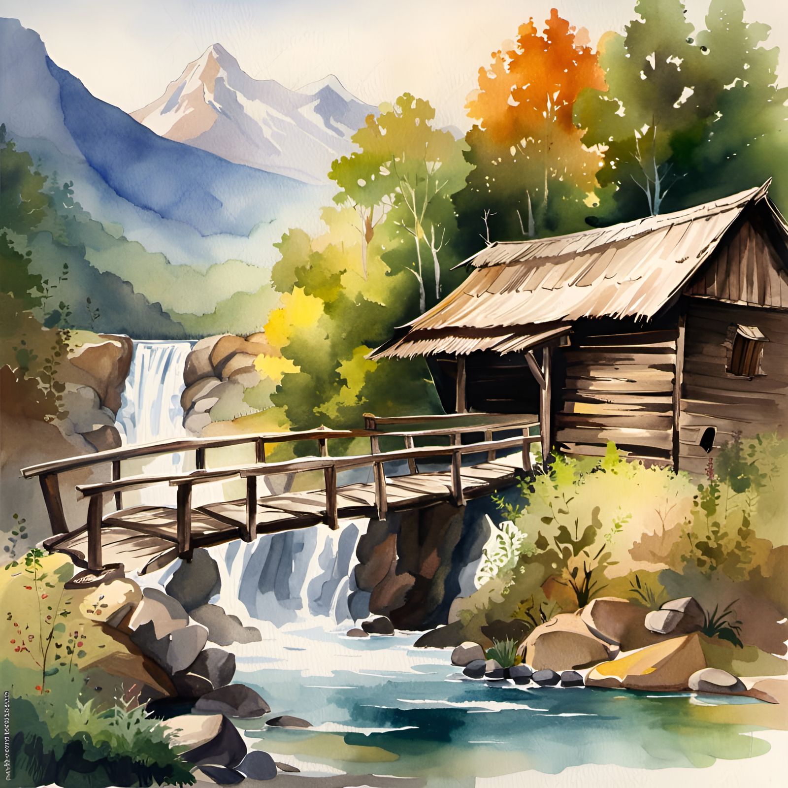Watercolor Hut by Waterfall in the Mountains