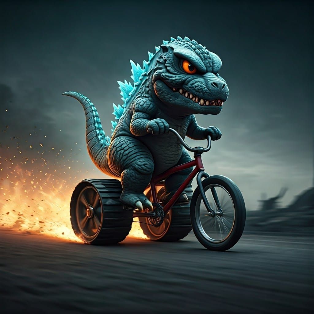 Chibi Godzilla Races Bicycle Tank in Apocalyptic Wasteland
