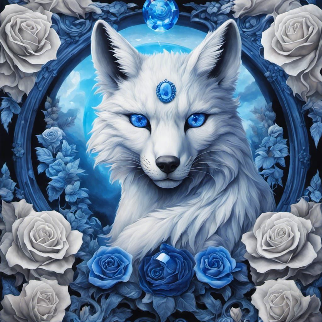 Mythical Blue Kitsune in Sapphire Rose Garden
