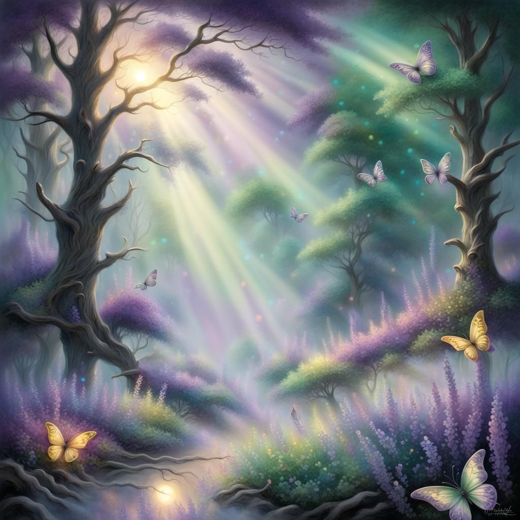 Ethereal Fantasy Landscape with Neon Butterflies