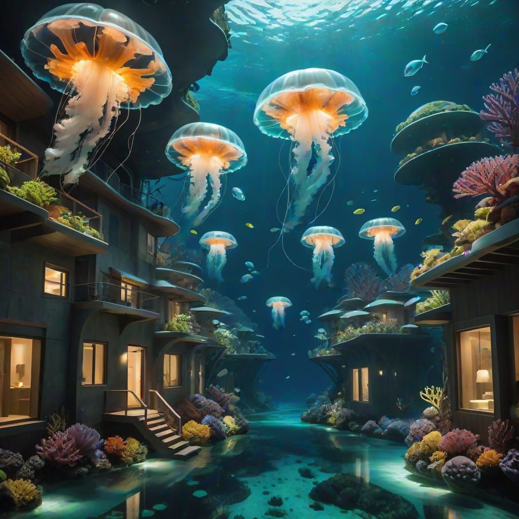 A glowing underwater neighborhood