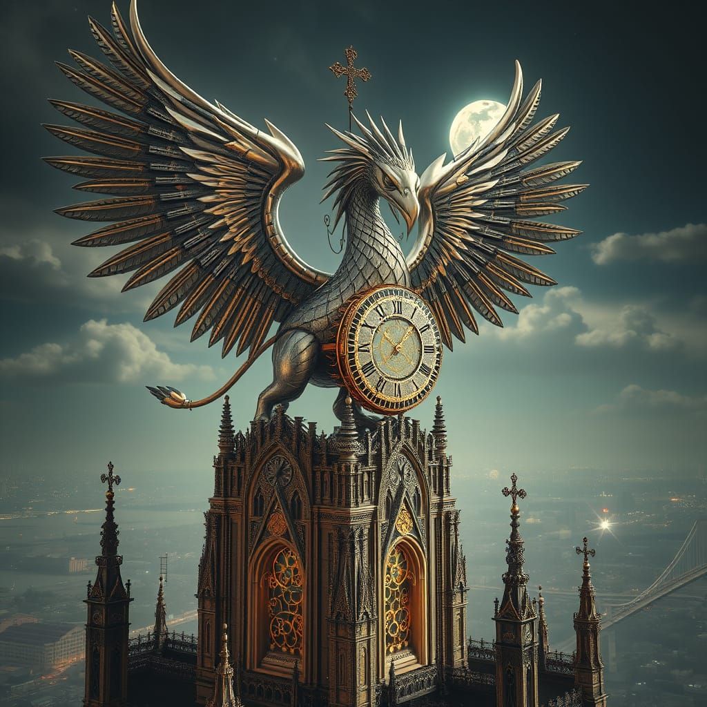 Clockwork Griffin on Gothic Cathedral in Astral Style