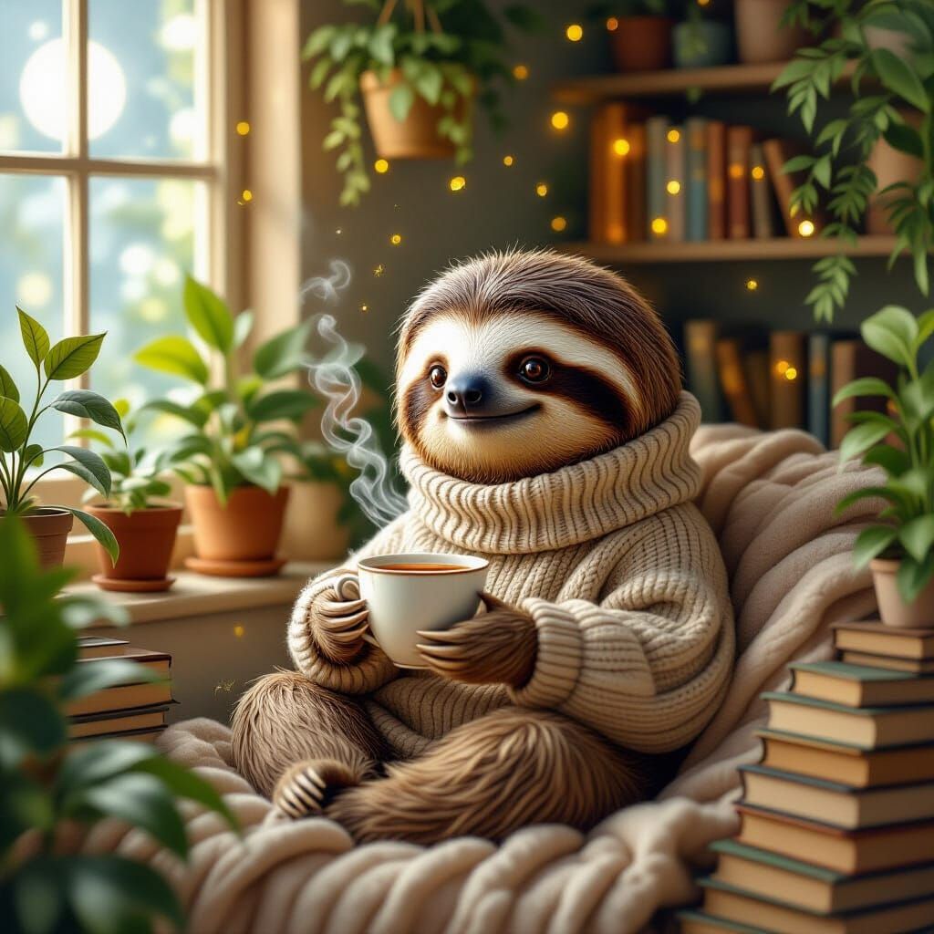 Cozy Sloth Enjoys Tea in Magical, Moonlit Room