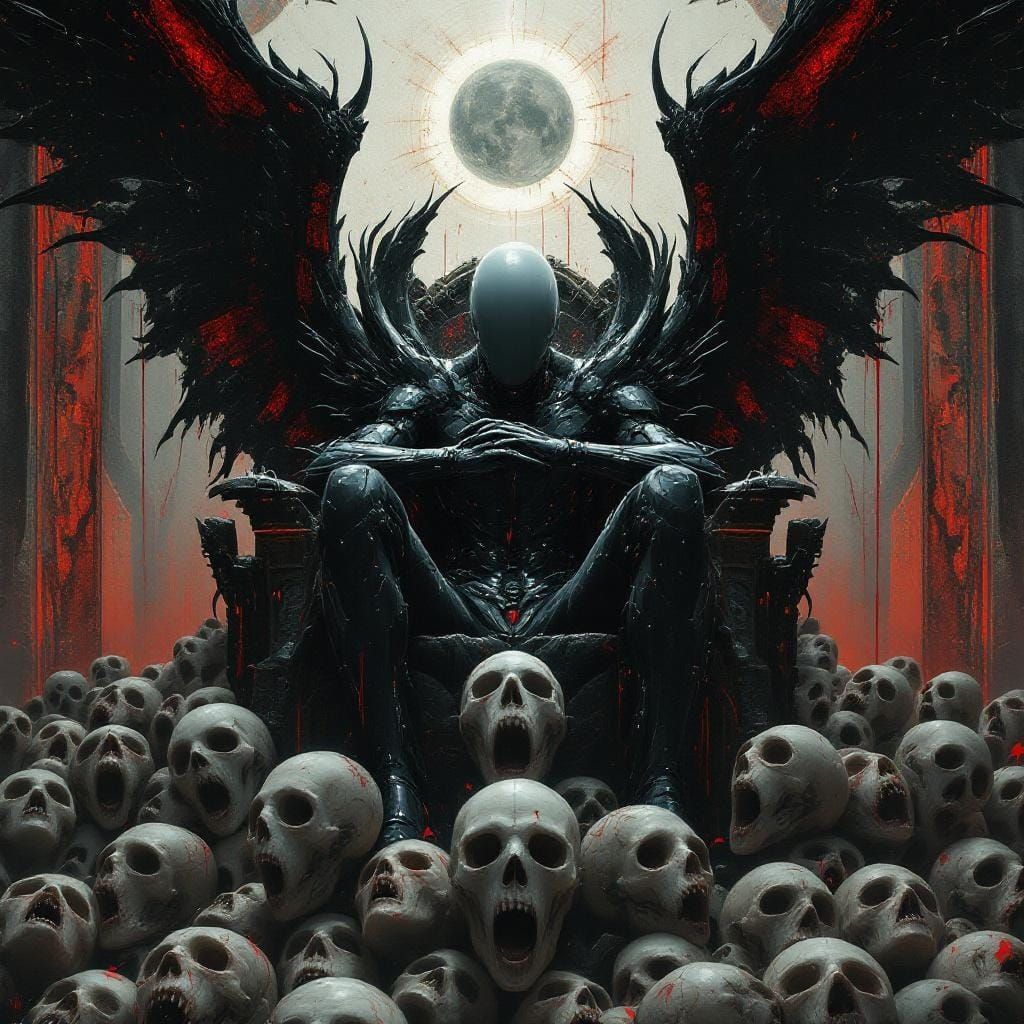Winged Figure on Throne of Faces in Dark Fantasy Style