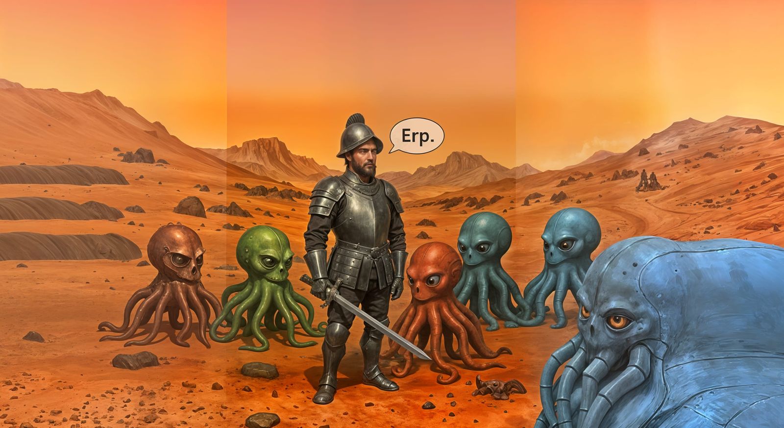 Spanish Knight Meets Martians in Surreal Landscape