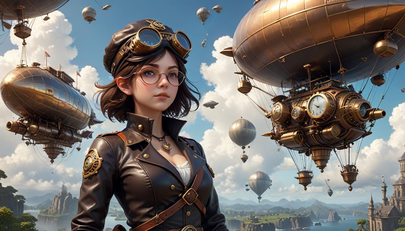 Steampunk Woman Pilots Clockwork Airship Over Floating Islan...