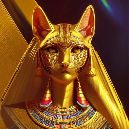 Golden Bastet: Egyptian Goddess in a Temple