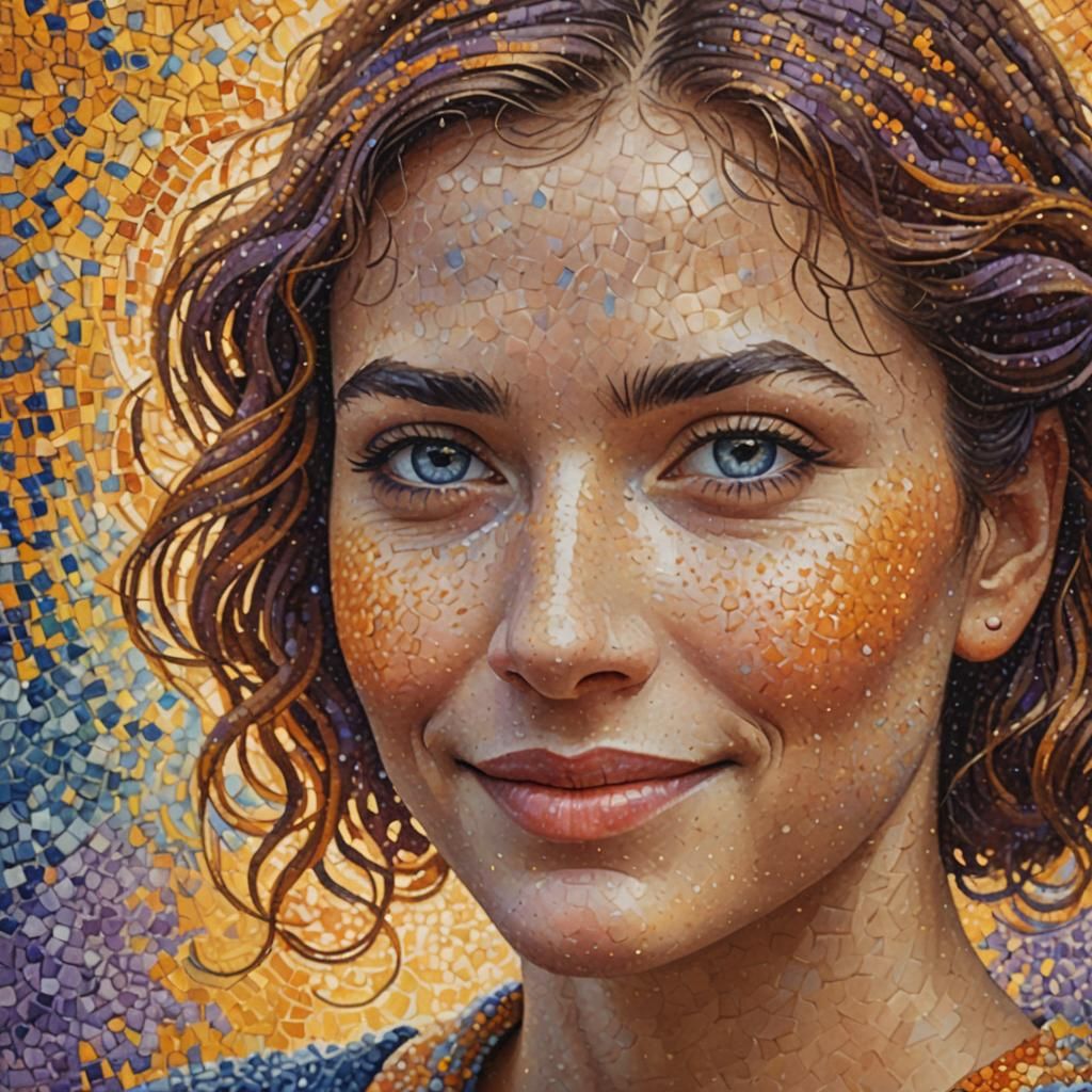 Pointillist Portrait of Woman with Shimmering Skin