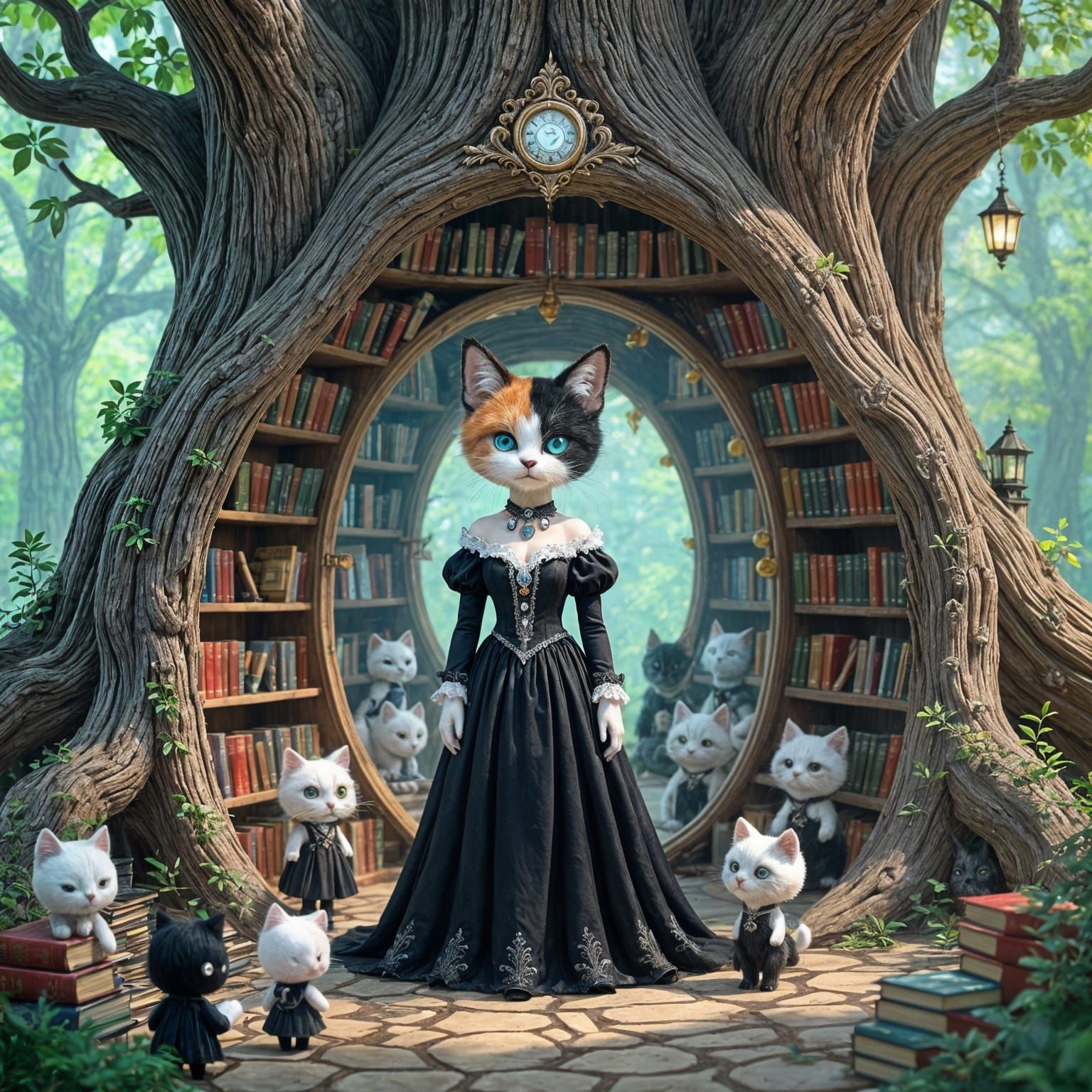 Calico Feline Hybrid in Enchanted Tree Library