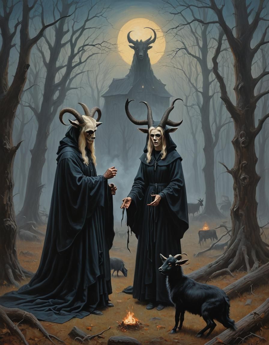 Black Goat Baphomet Comforts Witch in New England, Folk Art