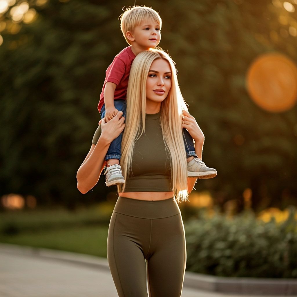 Beautiful Blonde Woman Carries Boy in Golden Hour Light