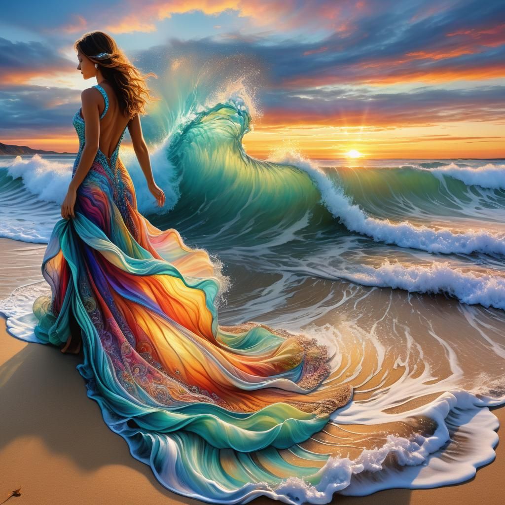 Sunset Seafoam Waves Create Dress on Beach