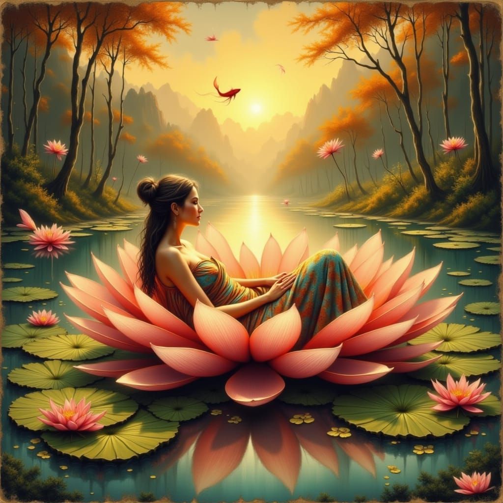 Woman Lounging in Lotus with Koi Fish, Impressionist Style