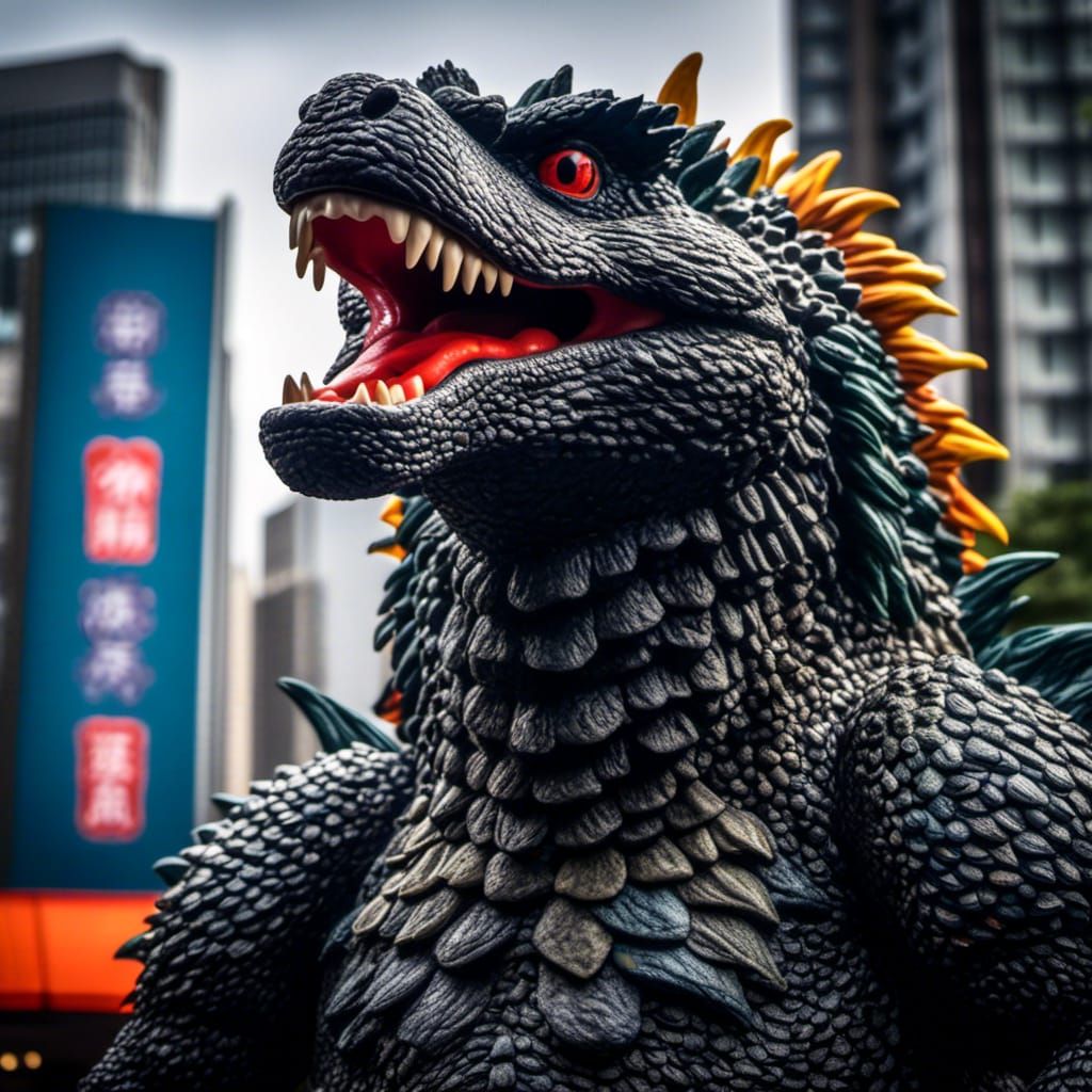 <lora:Reaviless V1:1.0> Godzilla as a towering Jim Henson style Muppet terrorizing Tokyo intricate details, HDR, beautif...
