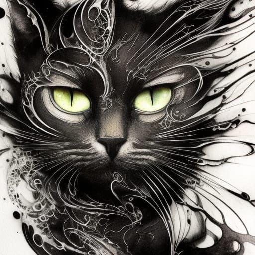 Black Ink Cat: Fluid Gouache Masterpiece