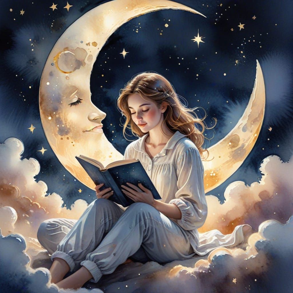 Person Reading Book on Moon in Dreamy Watercolor Style