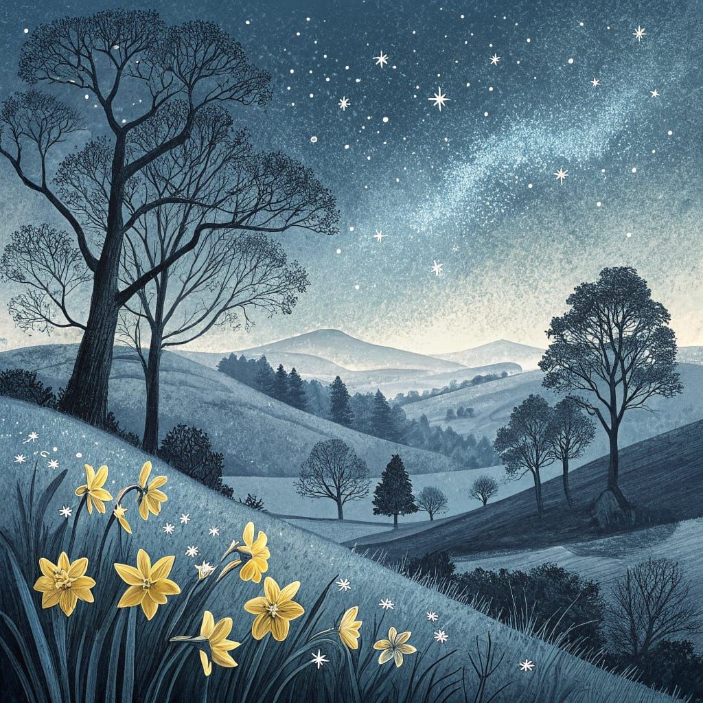 Moonlit Landscape in Muted Blues and Greys