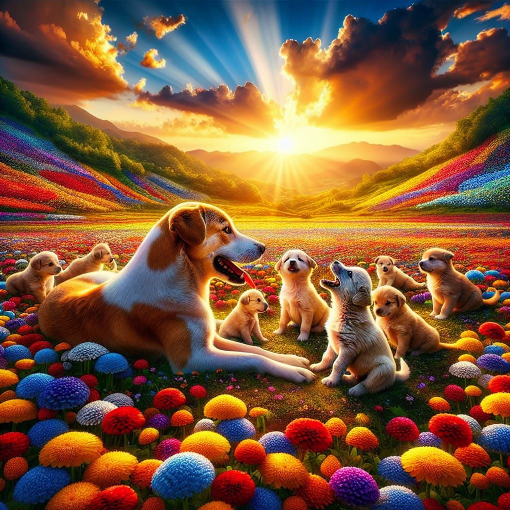 Dog Family Bliss in Floral Landscape