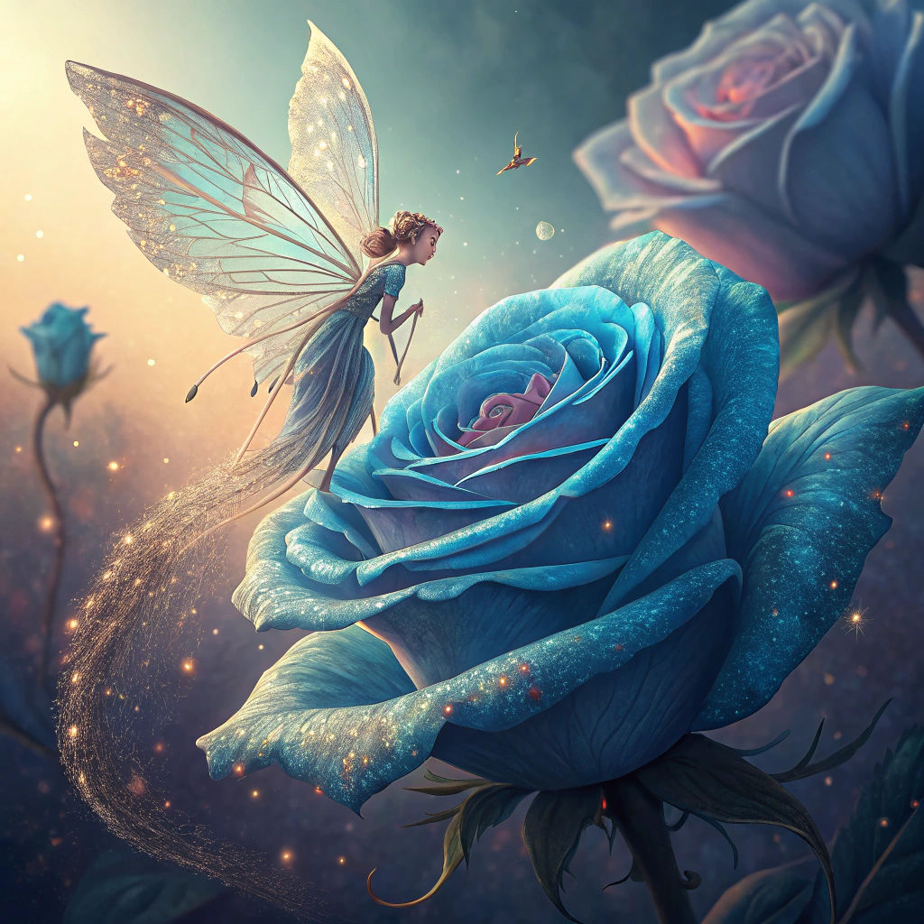 Iridescent Fairy on Colossal Blue Rose, Matte Painting