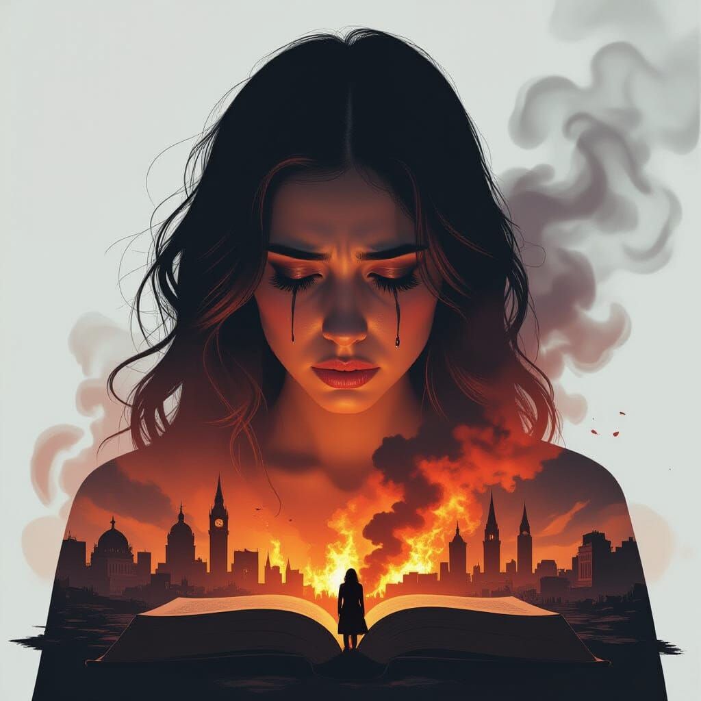 Tragic Triple Exposure: Book, Crying Woman, and City Ablaze