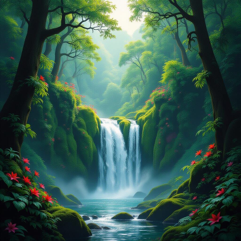 Photorealistic Waterfall Cascading Through Lush Forest