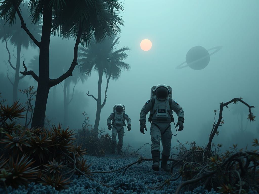 Astronauts Explore Foggy Alien Jungle with Ringed Planets