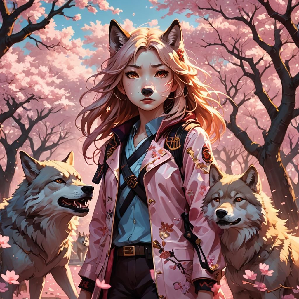 Anime Girl with Wolves Under Cherry Blossoms