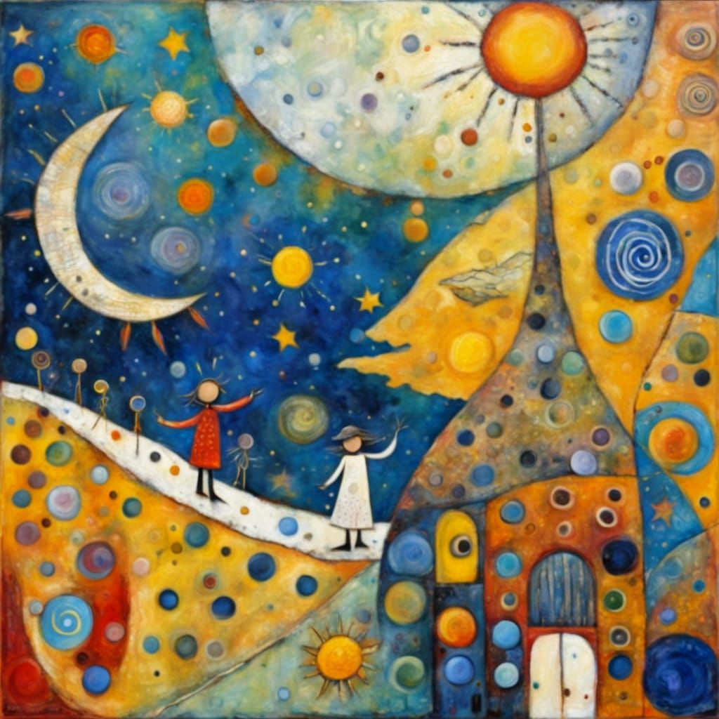 Sun and Moon Dance in Solar System, Encaustic Painting
