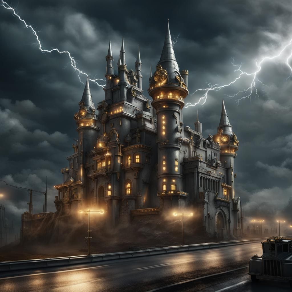 Cyberpunk Castle with Dragon and Lightning