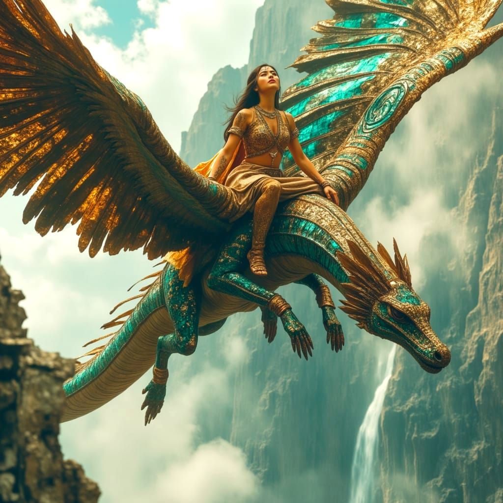 Epic Aztec Sky Warrior Rides Feathered Serpent Dragon Throug...