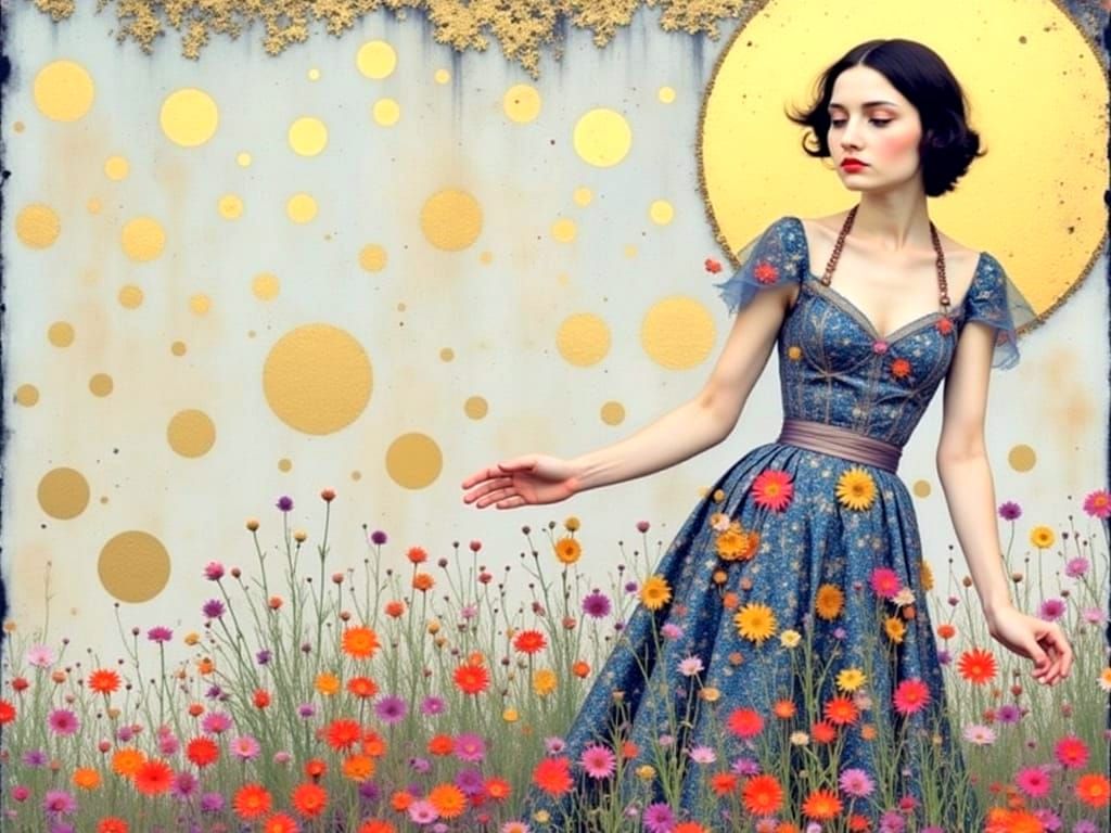 Woman with Floral Background in Klimt Style