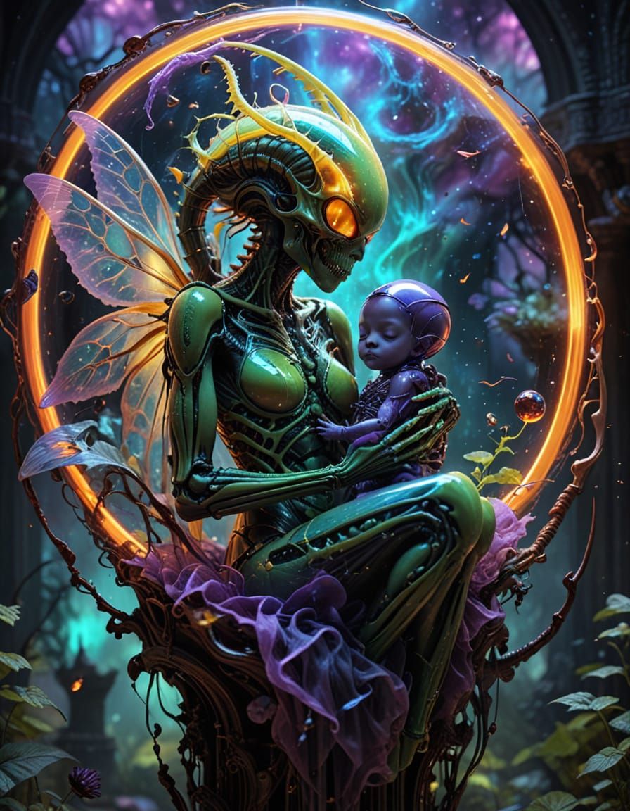 Epic Sci-Fi Mother Goddess in Translucent Swing Cradle
