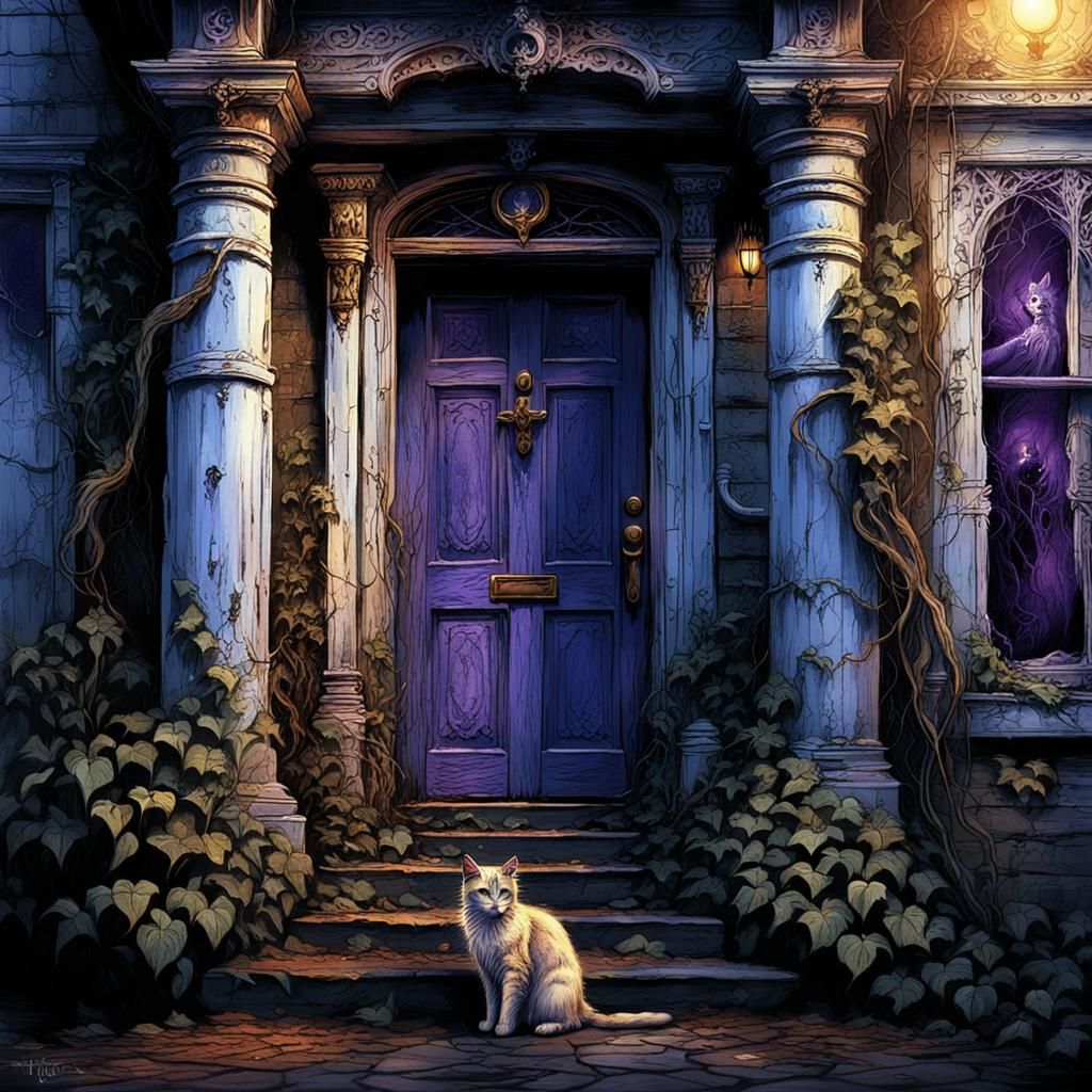 Haunted Victorian House Guarded by Cat, Dark Fantasy Art
