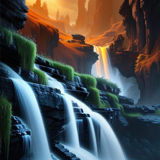 Vibrant Waterfalls Flow from the Head in a Whimsical, Dreaml...
