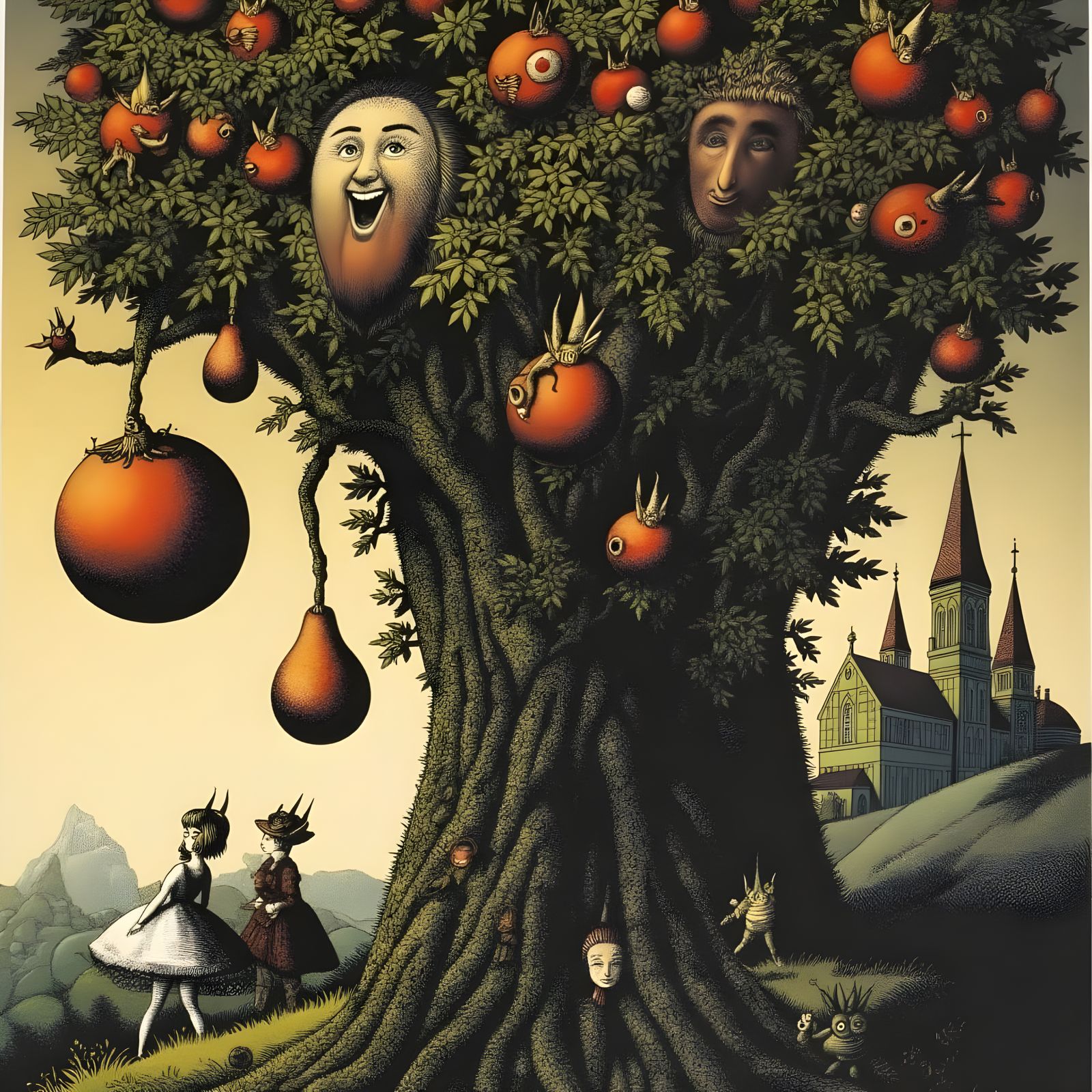 Surreal Tree Blooms with Carnivorous Fruits in Dark Fantasy ...