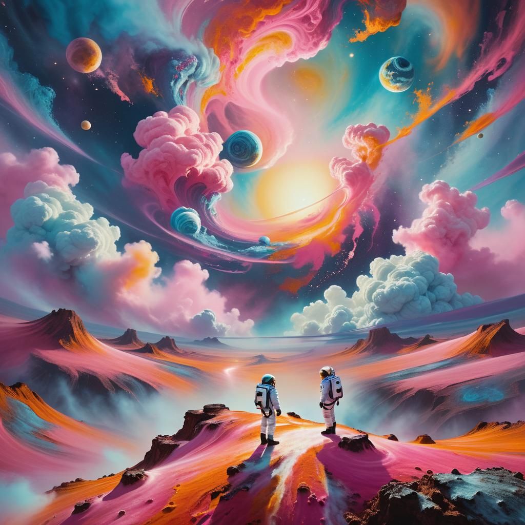 Astronauts on Pink Planet Gazing at Vortex: Surreal Sci-Fi