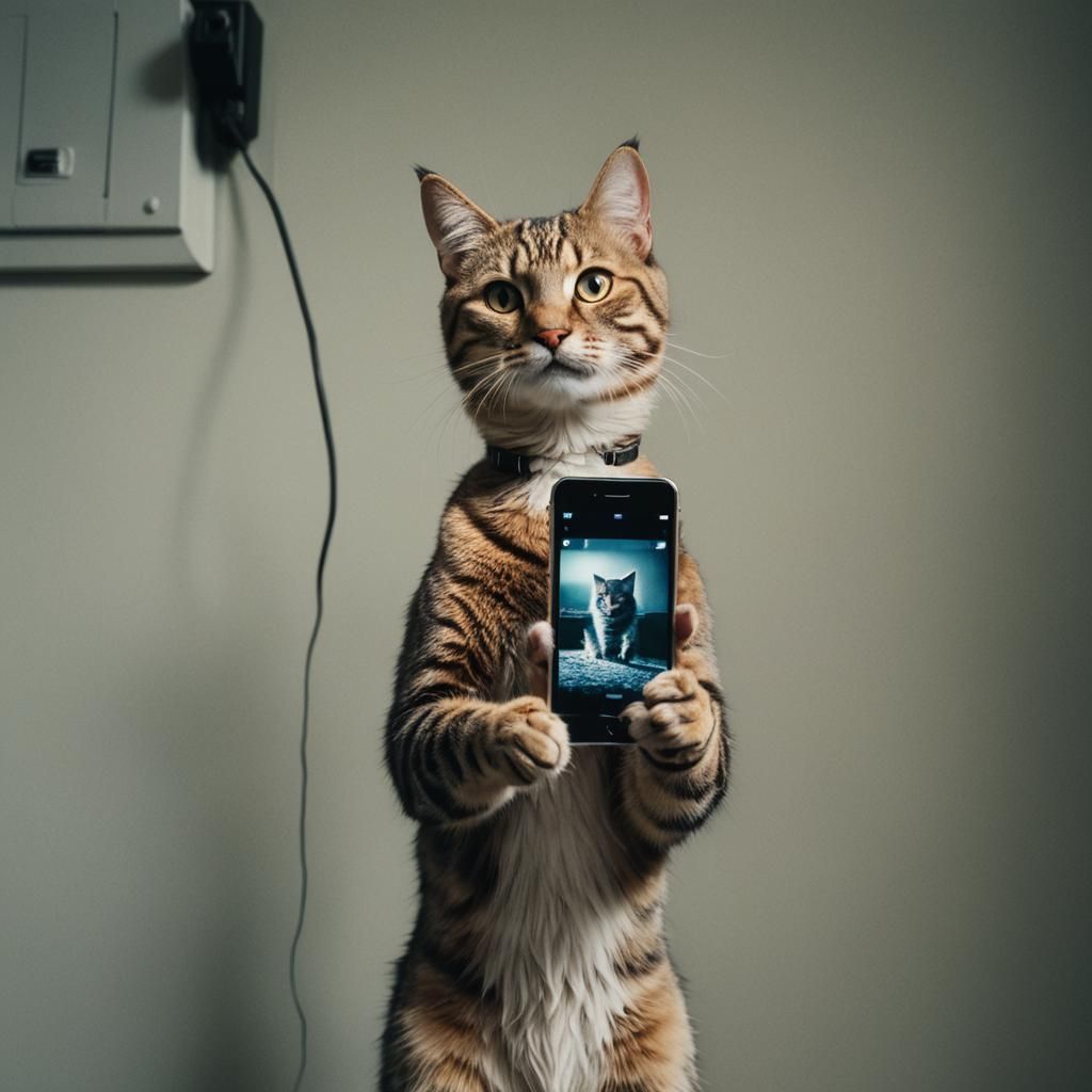 Cat Holding iPhone: Cinematic Film Still