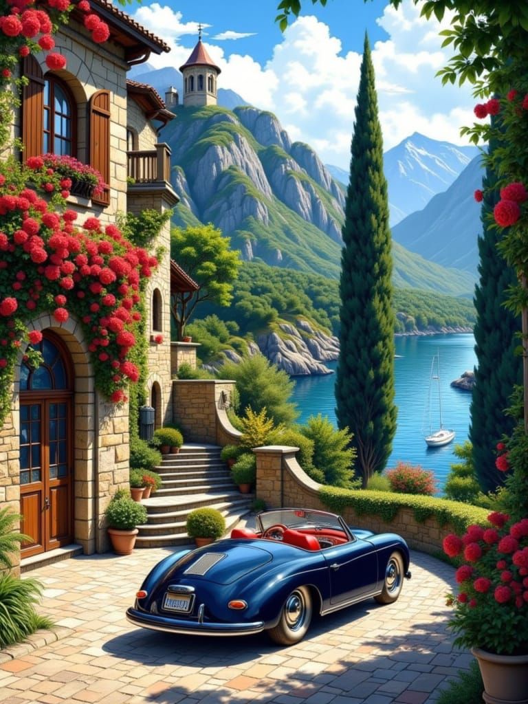 Luxurious Italian Villa with Arched Doorway in Golden Sunlig...