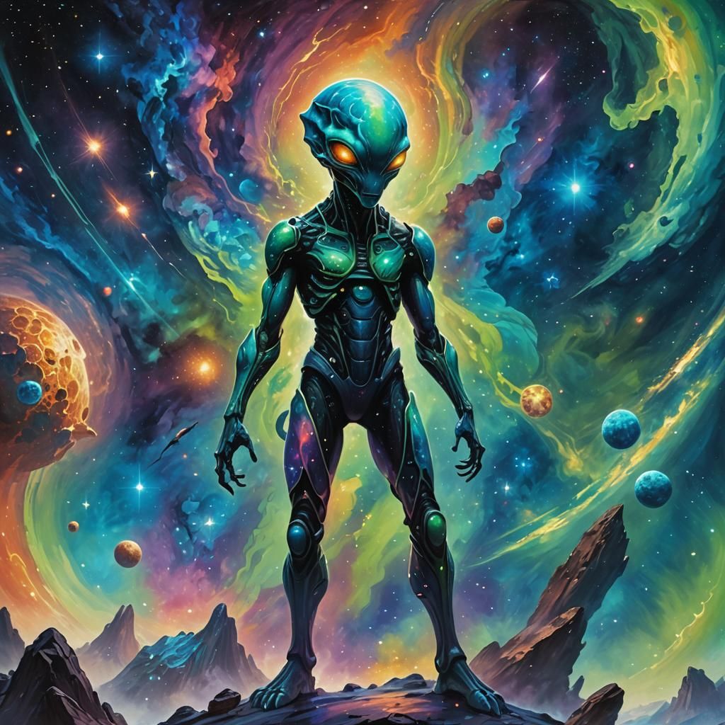 Alien Gazing at Nebula in Cosmic Oil Painting