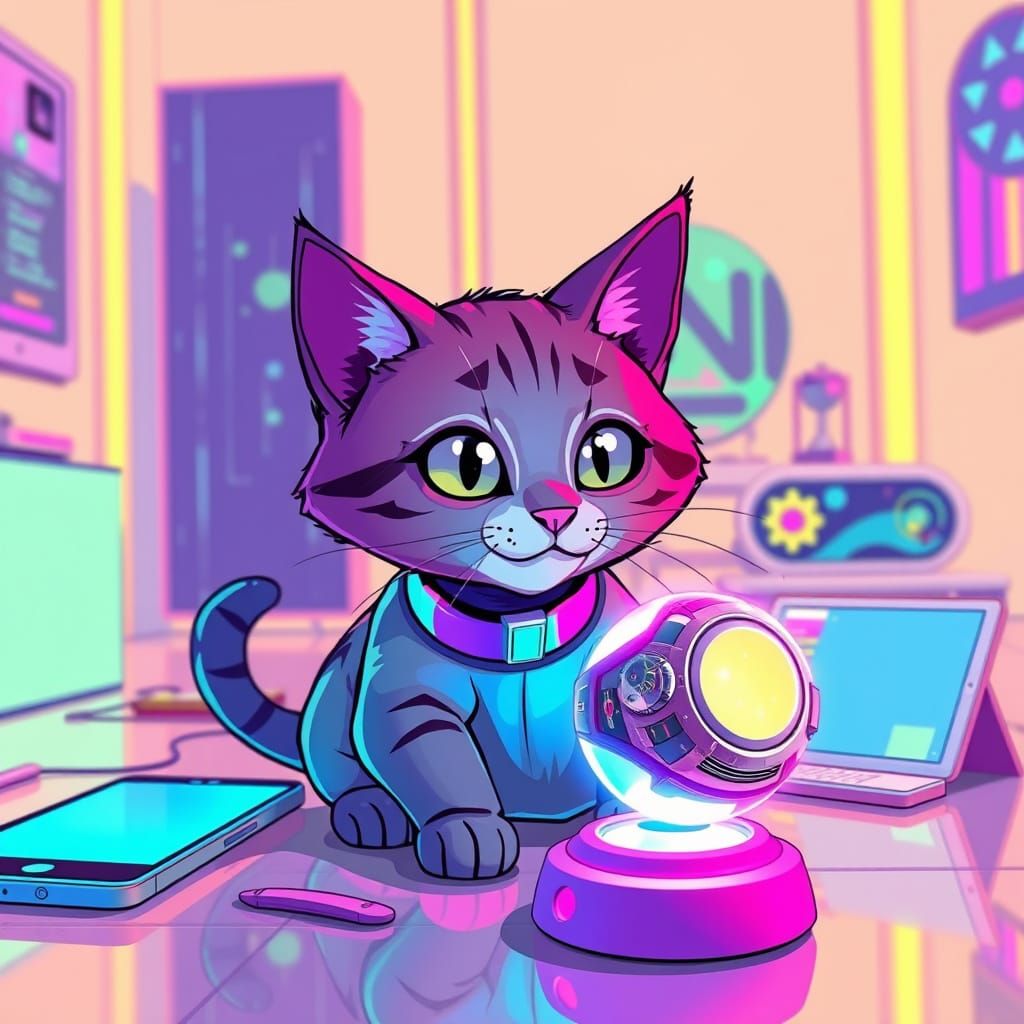 Cartoon Cat Plays with Hologram Toy in Futuristic Room