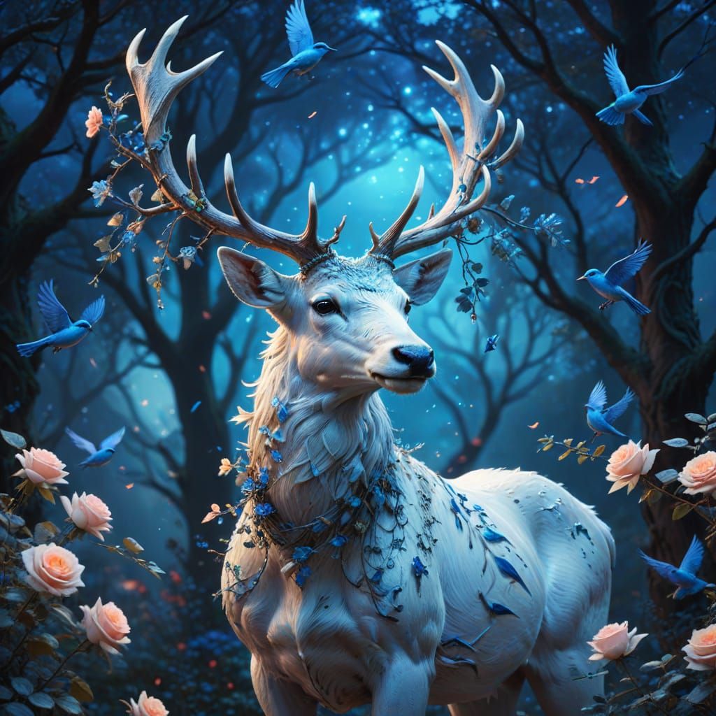 White Stag with Rose Vines in Bioluminescent Sky