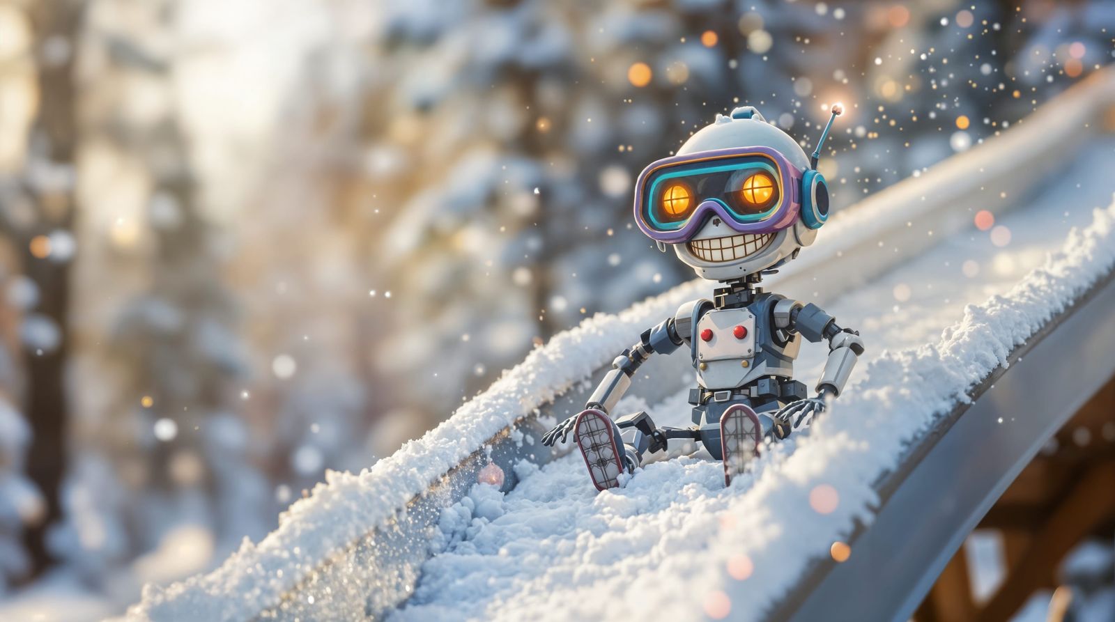Whimsical Droid Joyfully Slides Down a Sparkling Snowy Slide