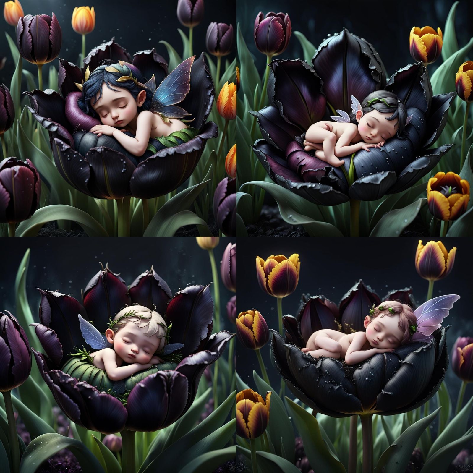 Cute Fairy Sleeping in Black Tulip: Detailed Matte Painting
