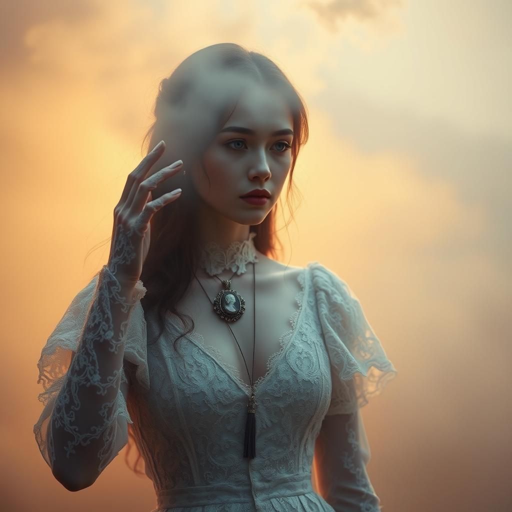 Victorian Woman Pushing Fog: Photorealistic Digital Art