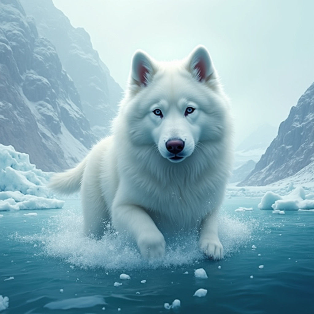 White Dog Swimming in Icy Arctic Landscape